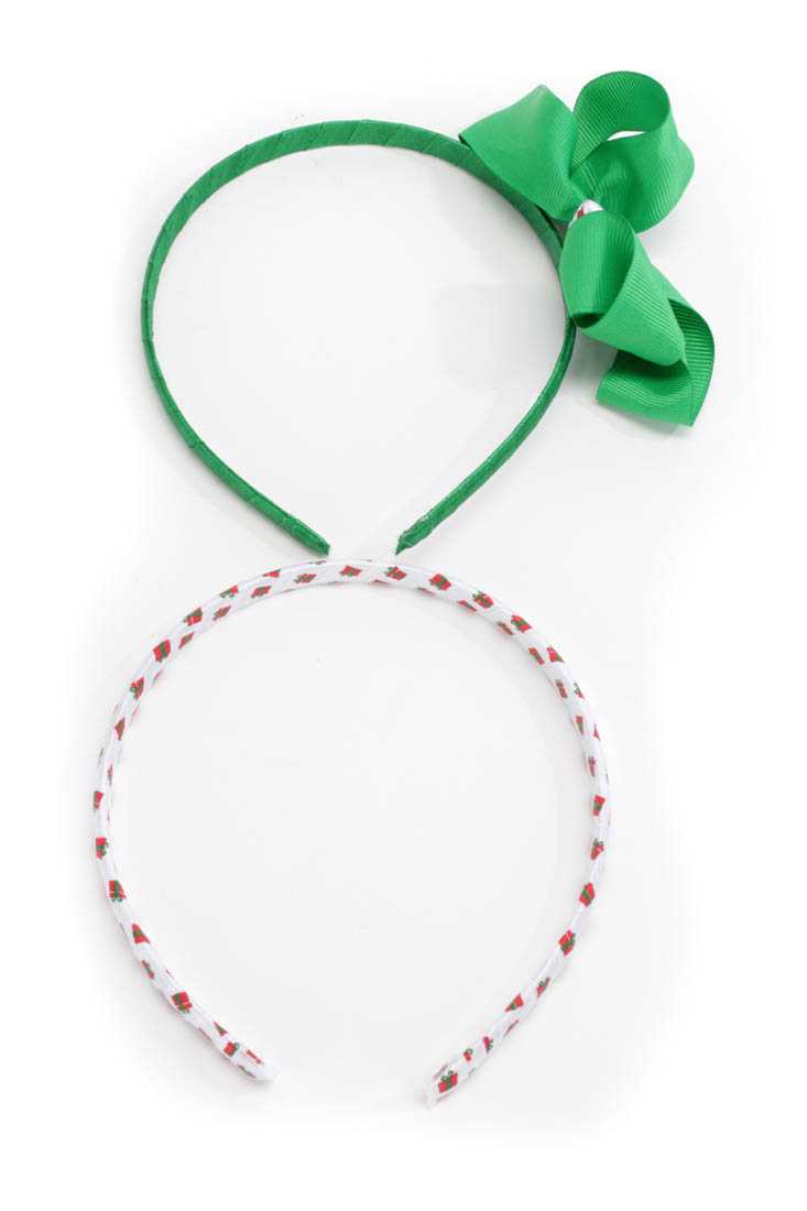 Green White Present Print Bow Accent Headband Set