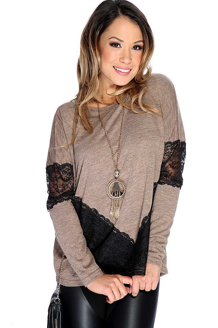 Cute Mocha Long Sleeve Floral Lace Cut Out Casual Top