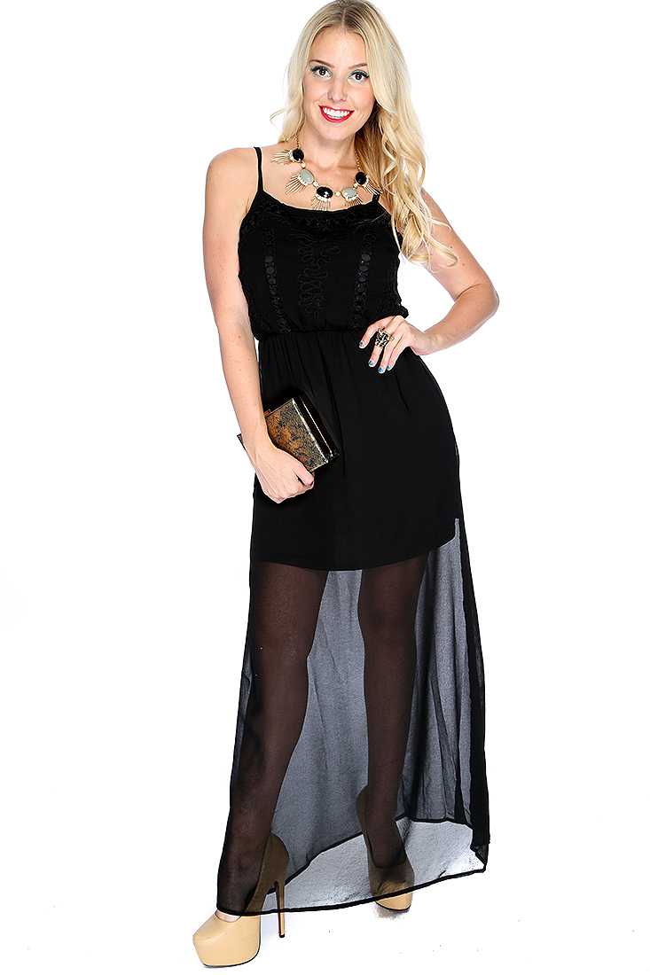 Sexy Black Spaghetti Straps Crochet Design Maxi Prom Dress
