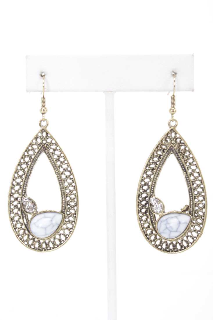 White Gold Intricate Beaded Tear Drop Earrings