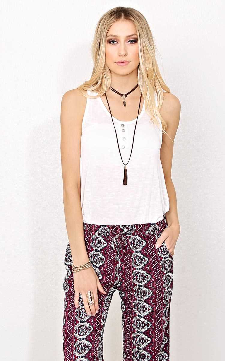 White Henley Slub Knit Tank - - White in Size by Styles For Less