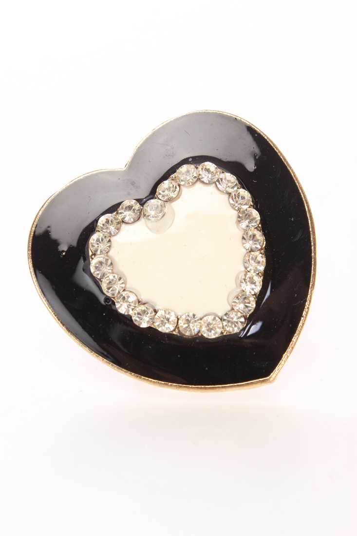 Black High Polish Rhinestone Heart Ring