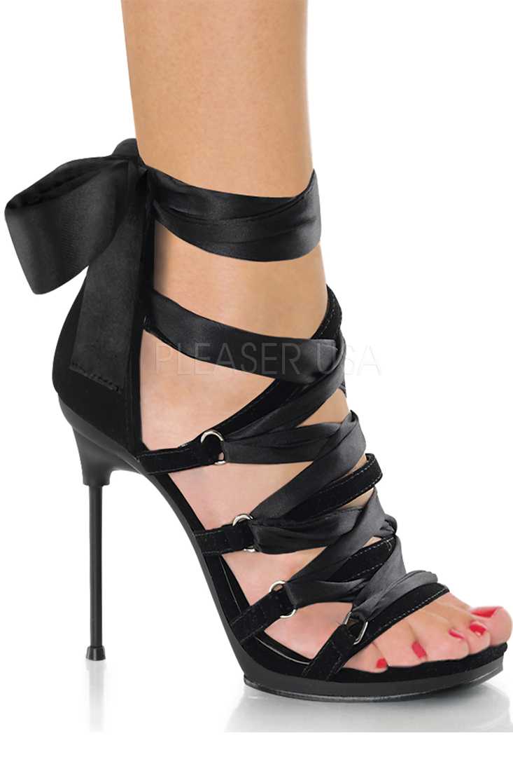 Black Satin Criss Cross Lace Up Sandal High Heels