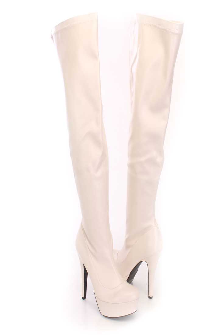 Stone Thigh High Platform Boots Faux Leather