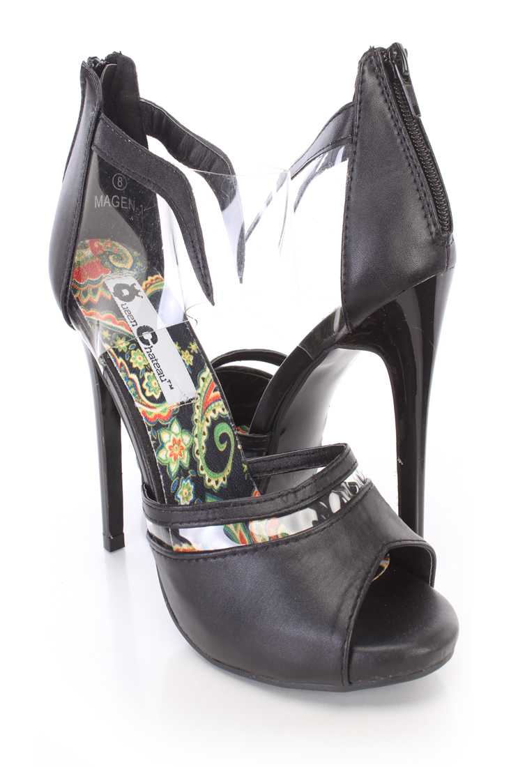 Black Clear Strap Peep Toe High Heels Faux Leather