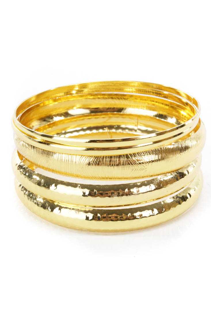 Gold Textured High Polish Metal Bangle Bracelets
