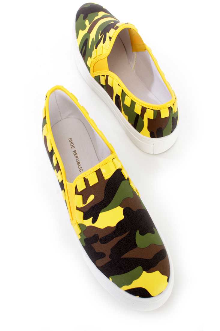 Yellow Camouflage Print Loafer Sneakers Faux Leather
