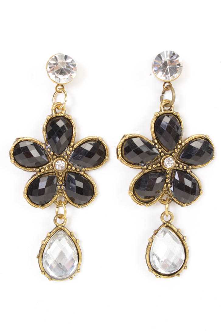 Black Gold Faceted Beaded High Polish Metal Floral Earrings