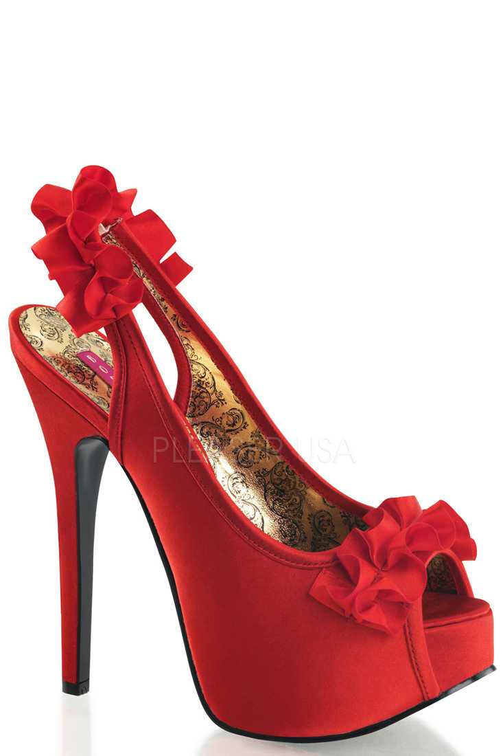 Red Ruffle Detailed Slingback Platform High Heels Satin