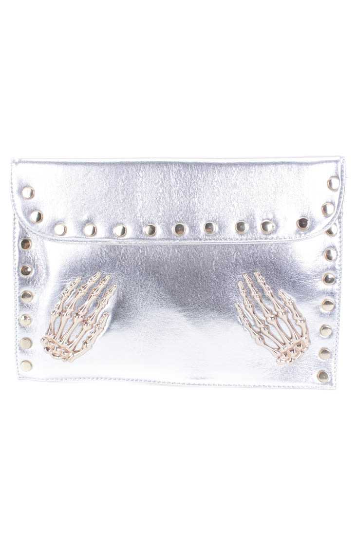 Silver Studded Decor Hand Skull Accent Clutch Handbag