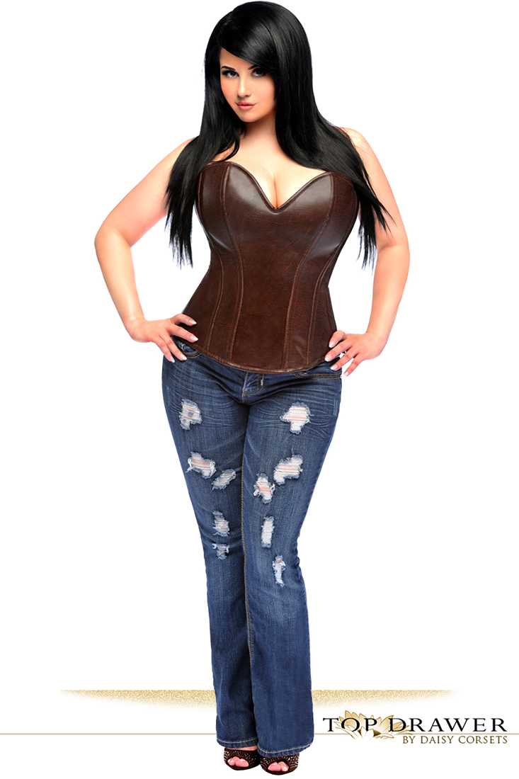 Dark Brown Distressed Faux Leather Steel Boned Corset Top Plus