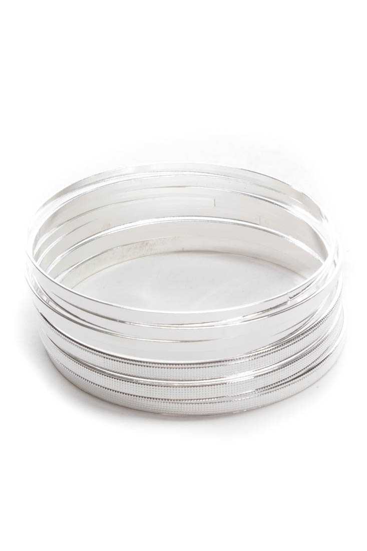 Silver High Polish Metal Textured Bangle Bracelets