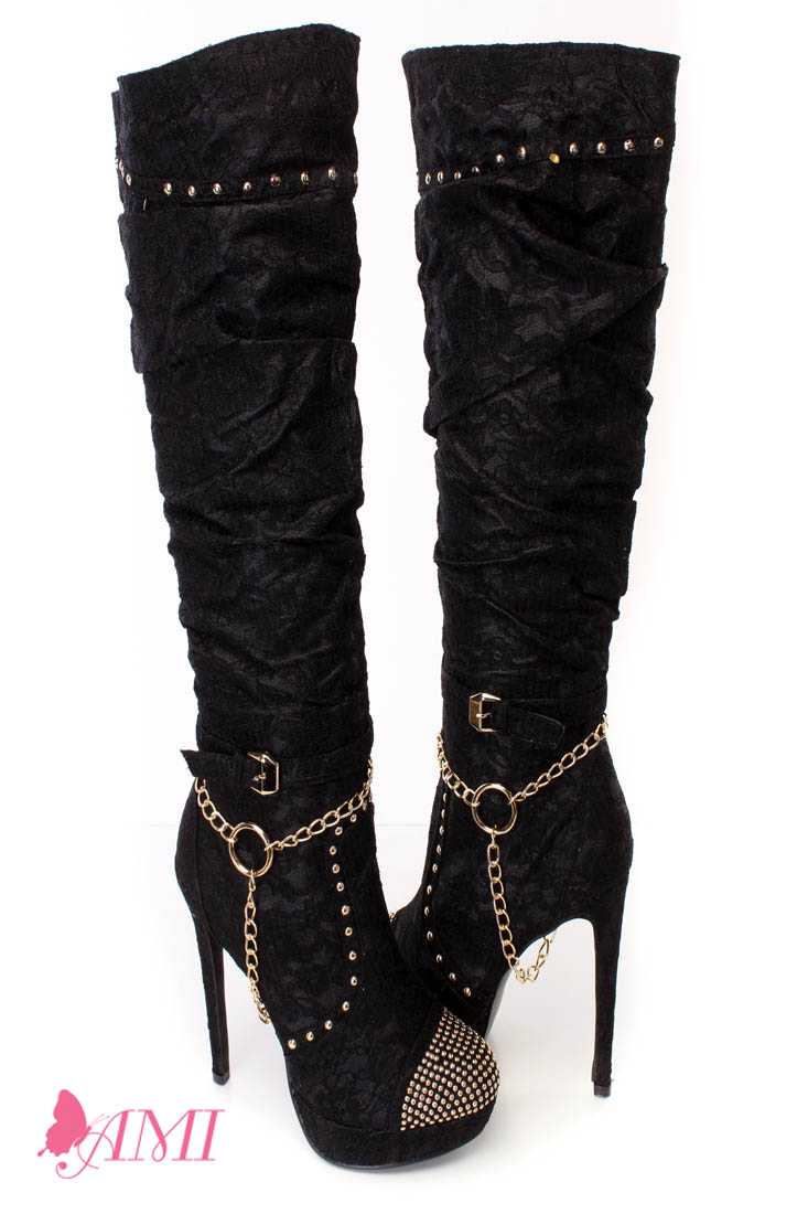 Black Slouchy Studded Knee High Heel Boots Lace