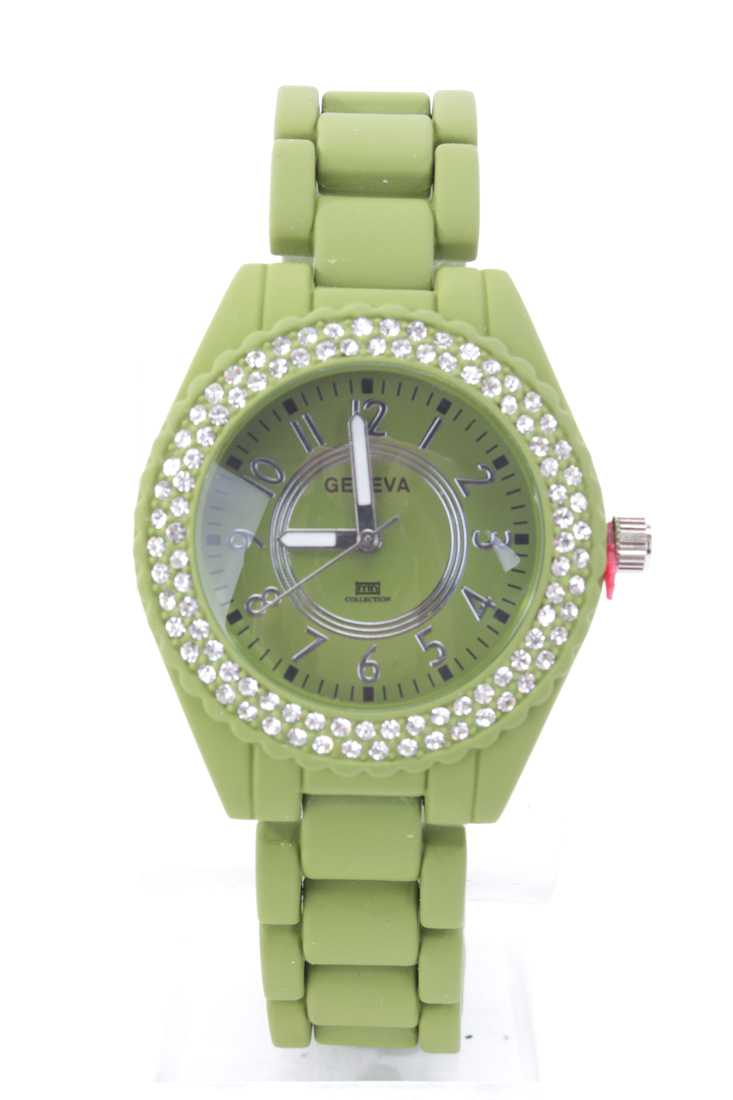Green Rhinestone Round Frame Rubber Band Watch