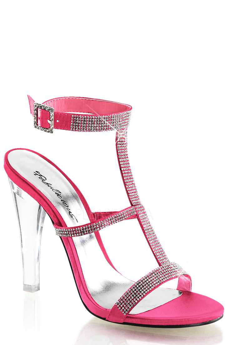 Coral Rhinestone T Strap Satin High Heels