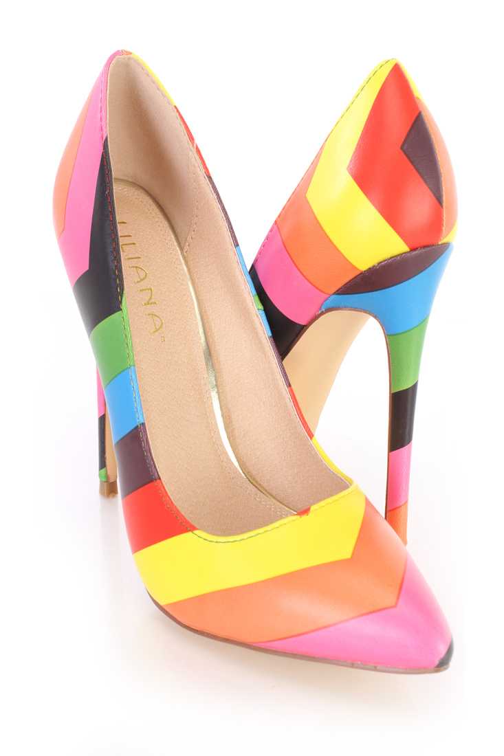 Multi Colorblock Print Single Sole Pump Heels Faux Leather