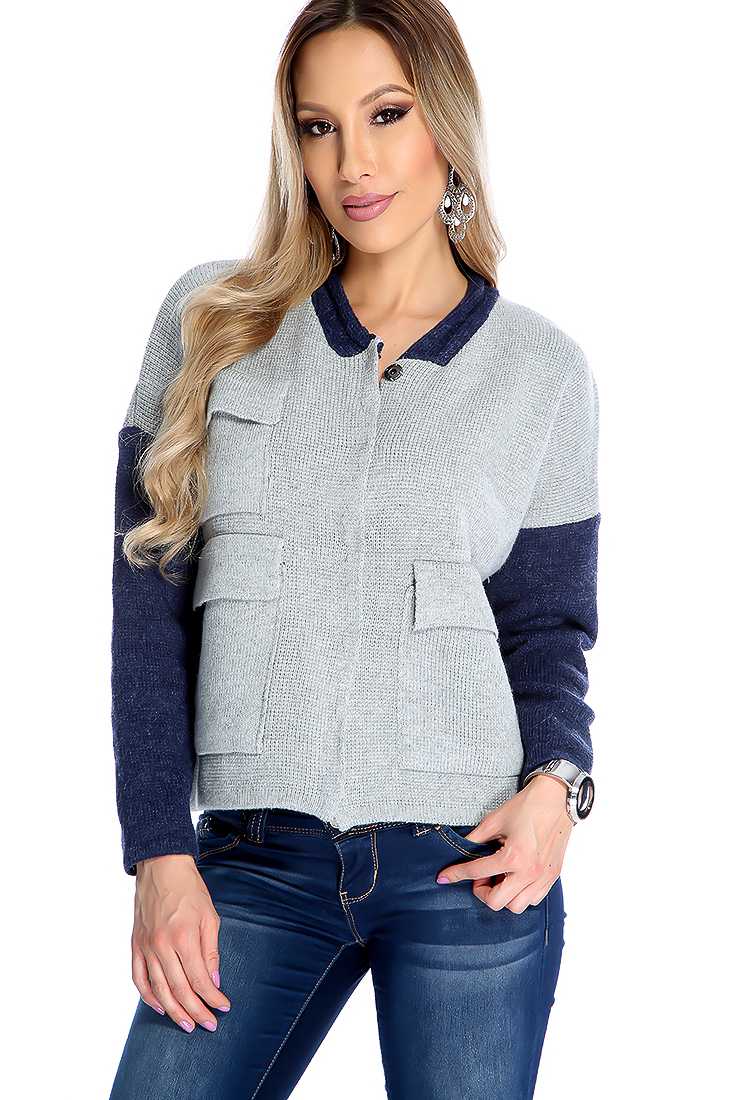 Grey Navy Long Sleeve Two Tone Button Down Sweater