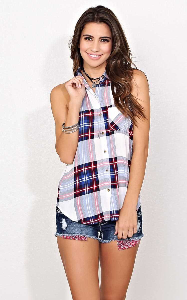 Hideaway Woven Plaid Tank - Navy Combo in Size XLG by Styles For Less