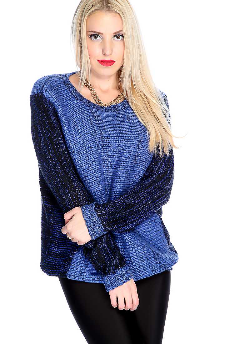 Blue Black Long Sleeve Two Tone Sweater