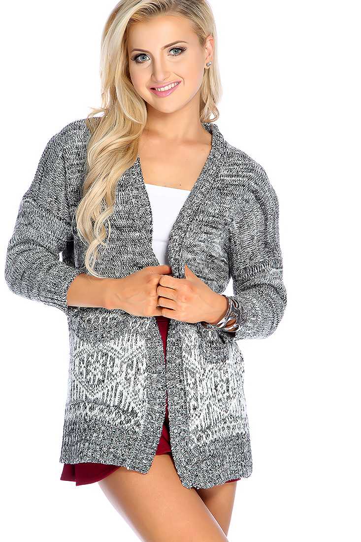 Black White Long Sleeve Open Front Causal Cardigan
