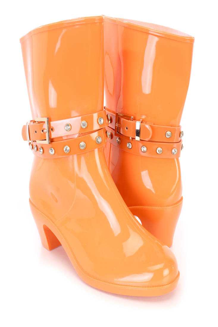 Orange Ruffle Rhinestone Mid-Calf High Heel Boots