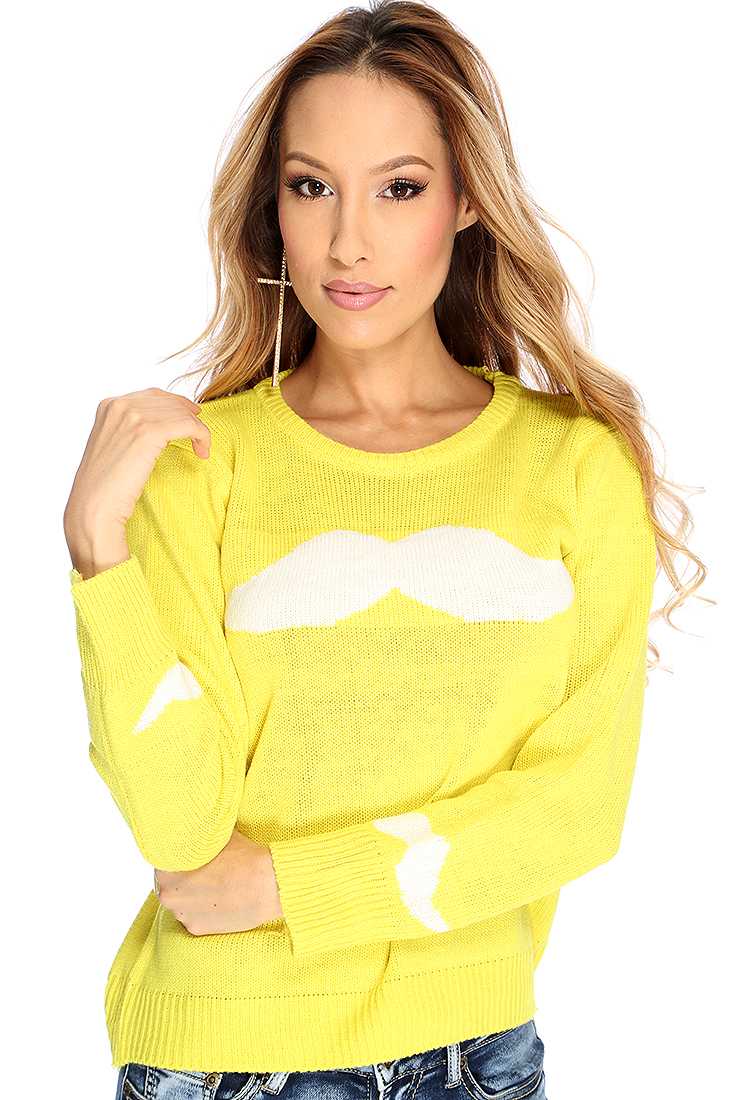 Yellow Mustache Pattern Casual Sweater