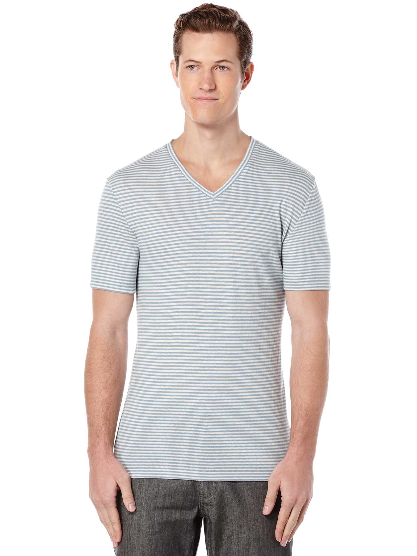 Perry Ellis Short Sleeve Linen Stripe V-Neck Shirt