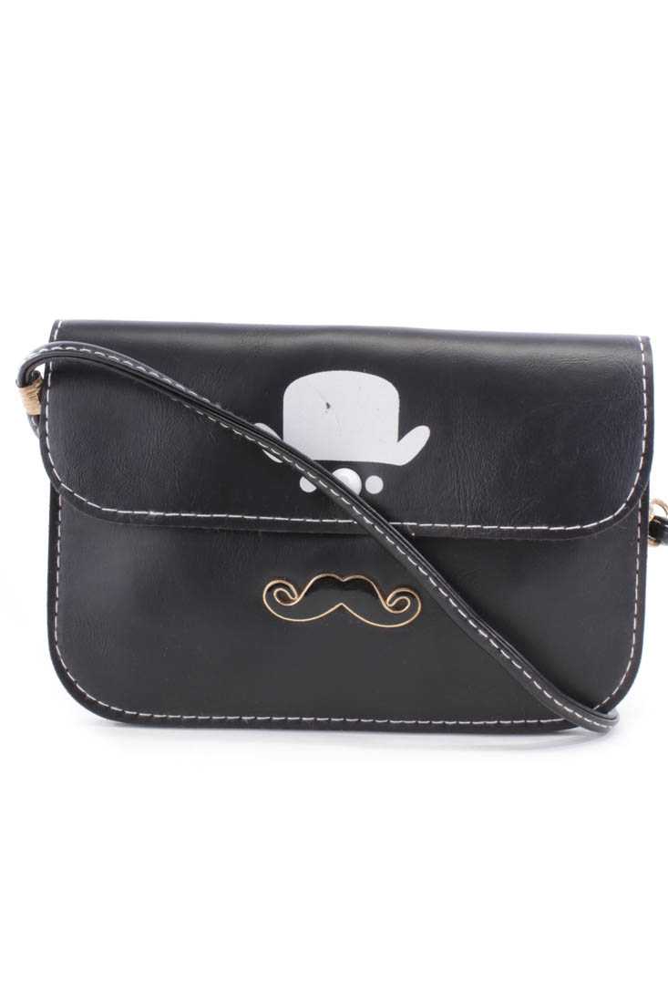 Black Top Hat Mustache Pendant Faux Leather Clutch