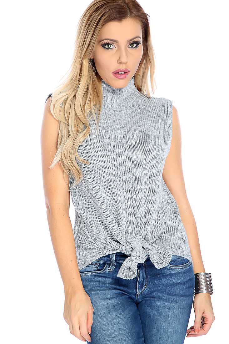 Stylish Grey Mock Neck Quarter Sleeve Knitted Top