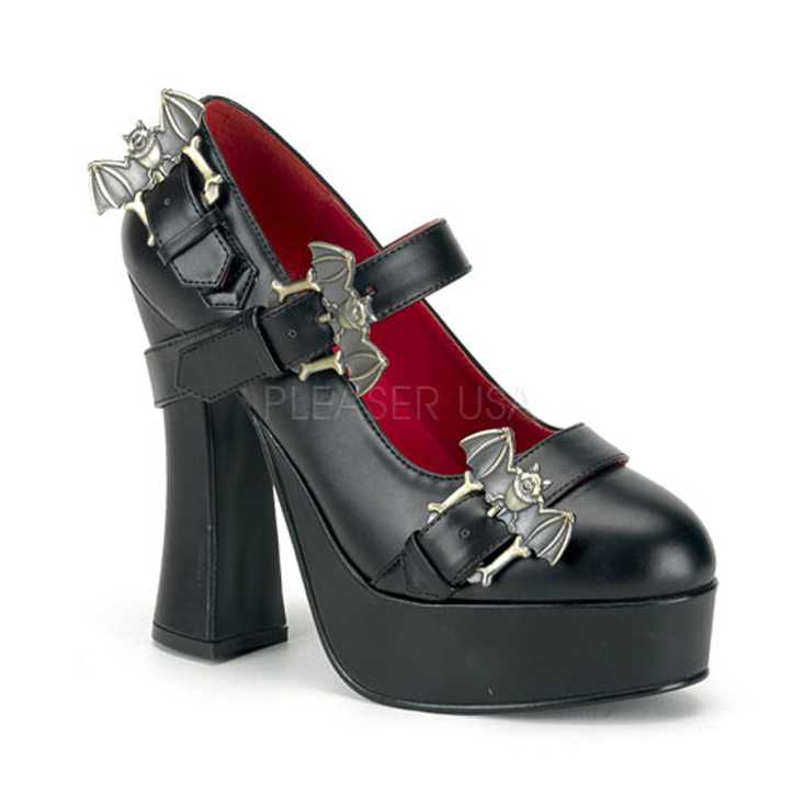 Black Faux Leather Bat Strapped High Heels