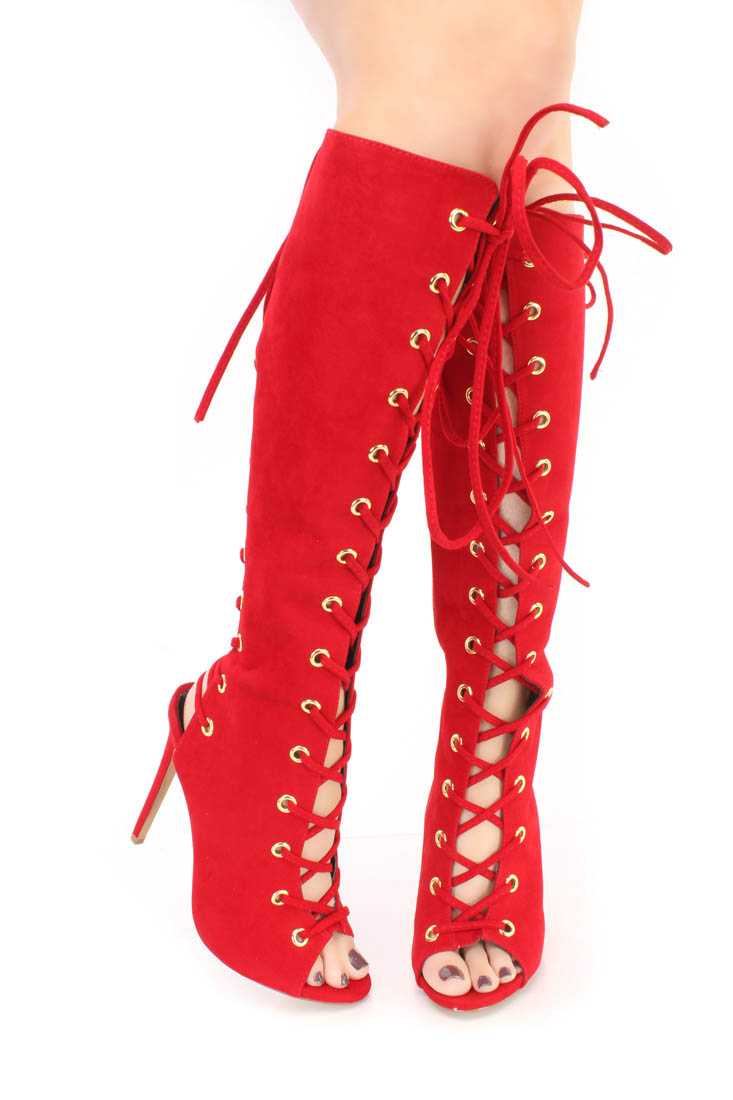 Red Lace Up Peep Toe Knee High Heel Boots