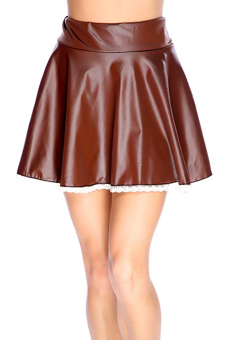 Brown Faux Leather Crochet Trim Skater Skirt