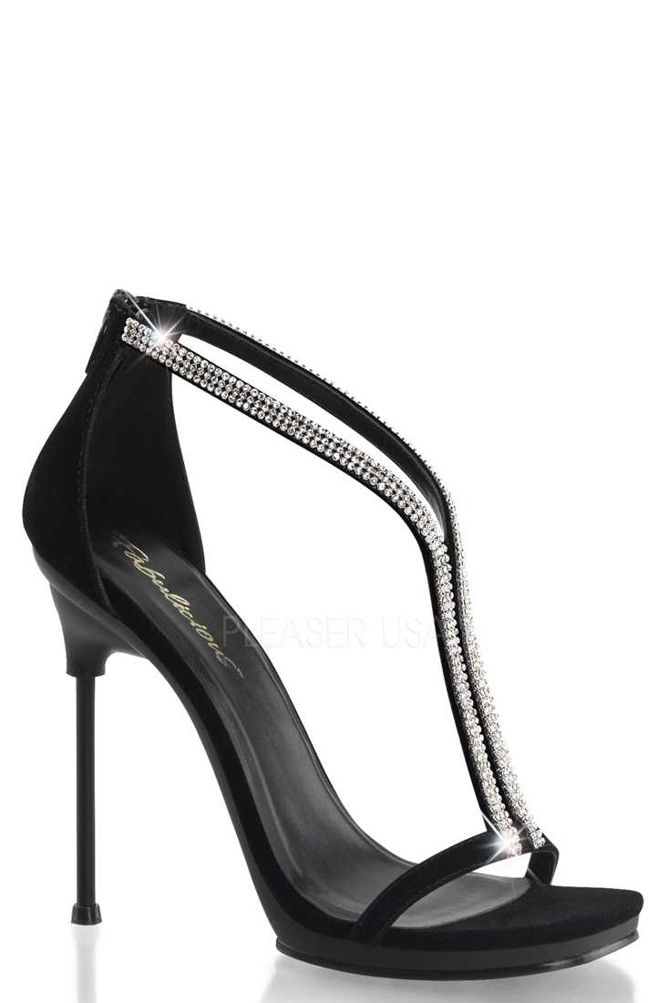 Black Satin Rhinestone T Strap Sandal High Heels