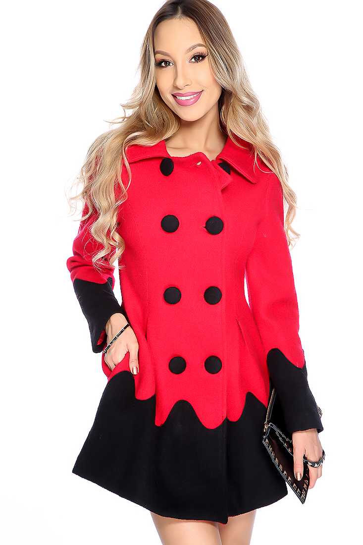 Red Black Long Sleeve Button Detail Coat