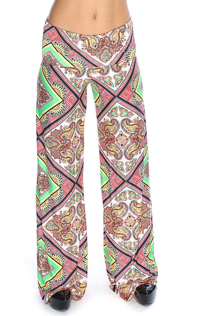 Neon Orange Lime Paisley Print Wide Leg Causal Pants