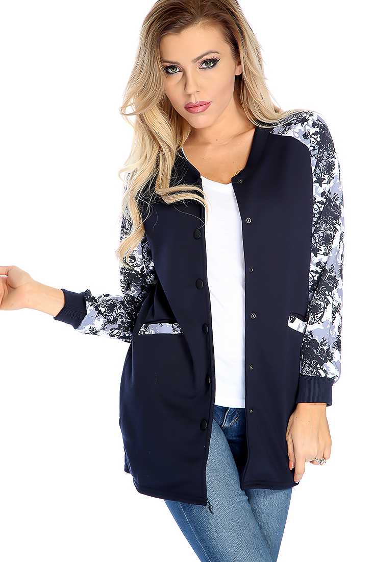 Warm Navy Long Flower Print Sleeve Button Up Jacket