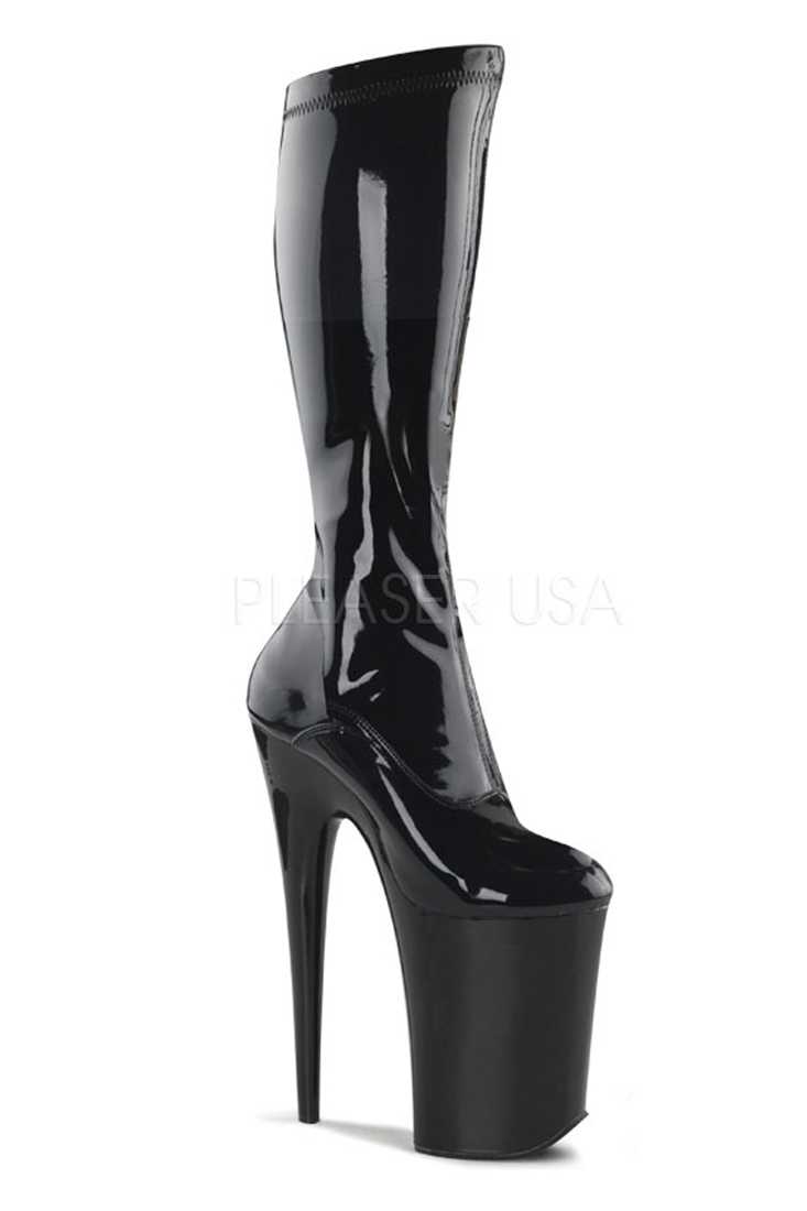 Black Stretch Knee Platform Boots Patent