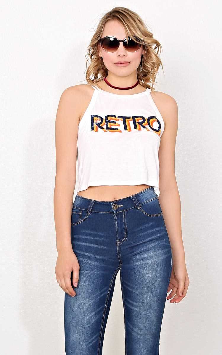 RETRO Graphic Crop Top - - White in Size by Styles For Less