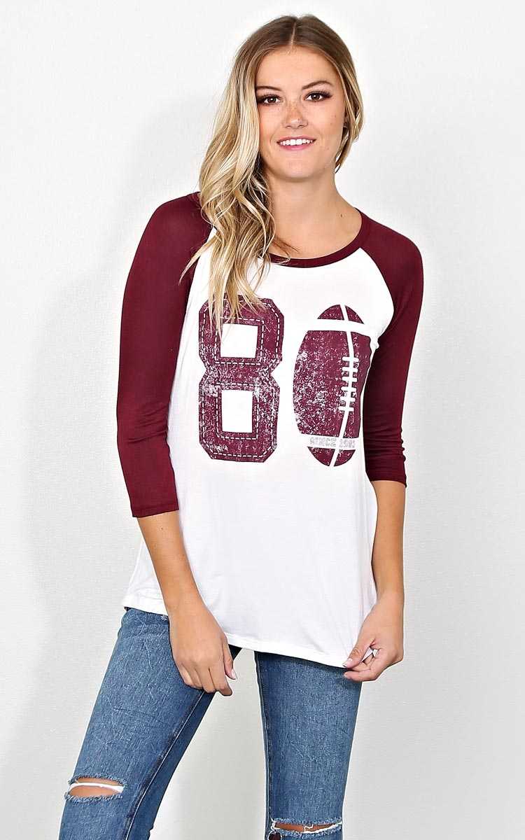 80 Football Graphic Knit Raglan - - Wine Combo in Size by Styles For Less