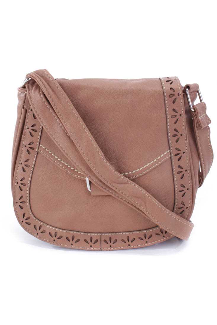 Tan Faux Leather Perforated Shoulder Handbag