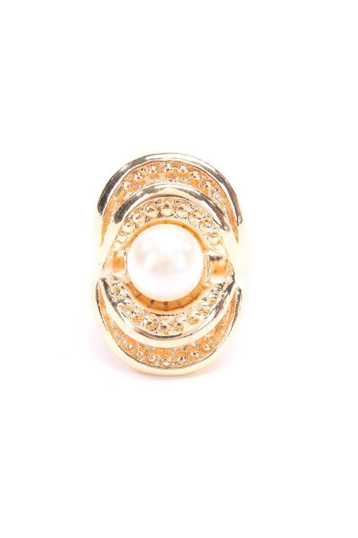 Gold High Polish Carved Detail Centered Faux Pearl Ring
