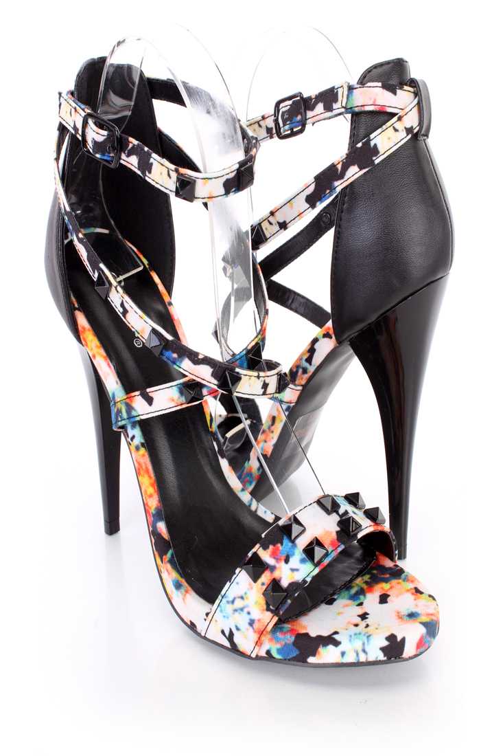 Black Watercolor Studded Cross Strappy Single Sole High Heels Fabric