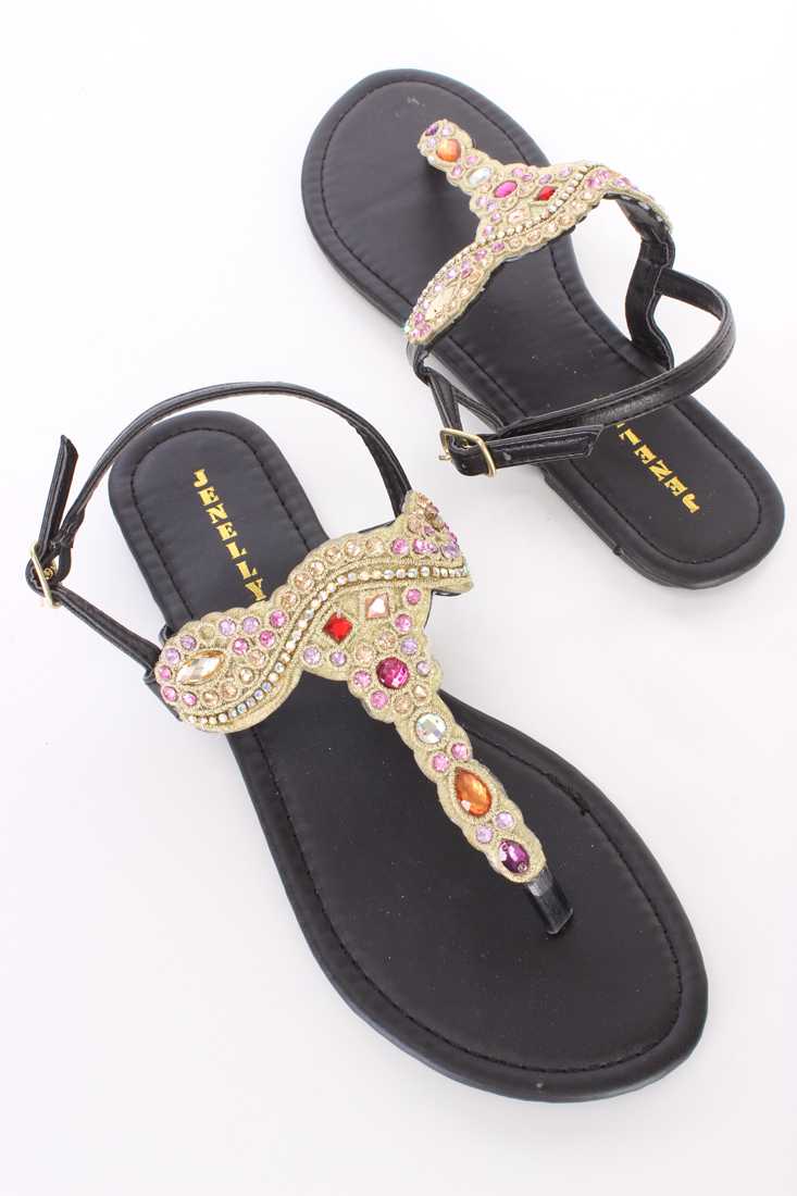 Black Gemstone Embroidered Thong Sandals Faux Leather