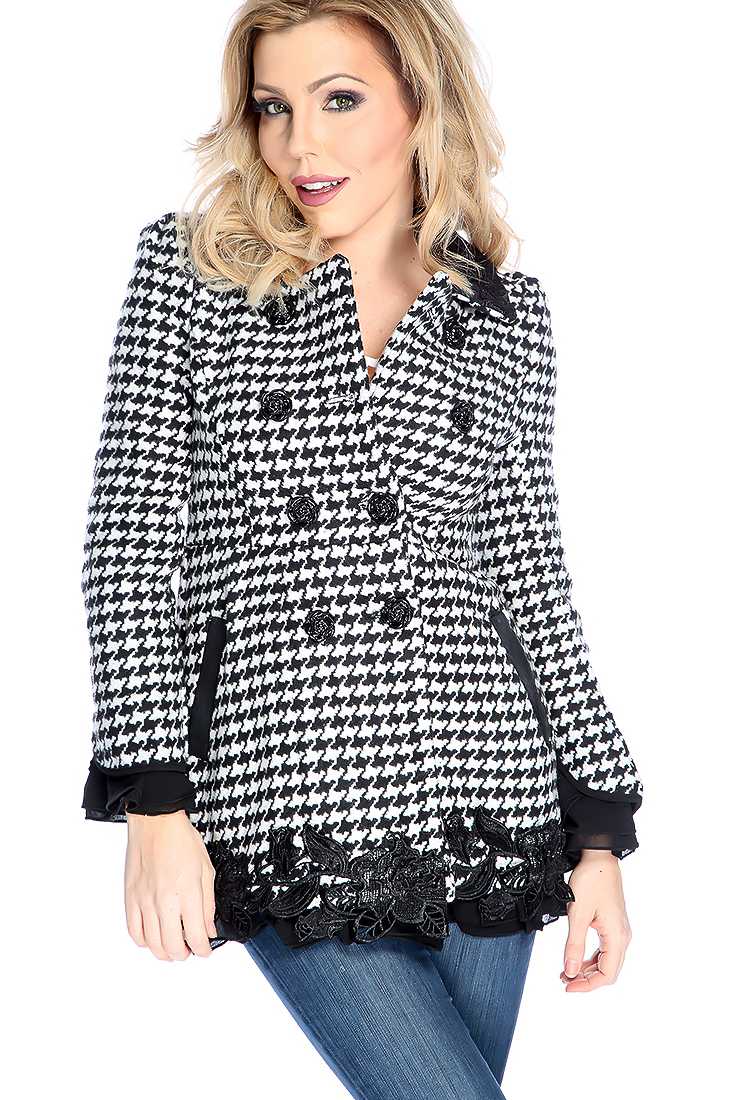 Stylish Hounds Tooth Long Sleeve Flower Lace Detail Coat