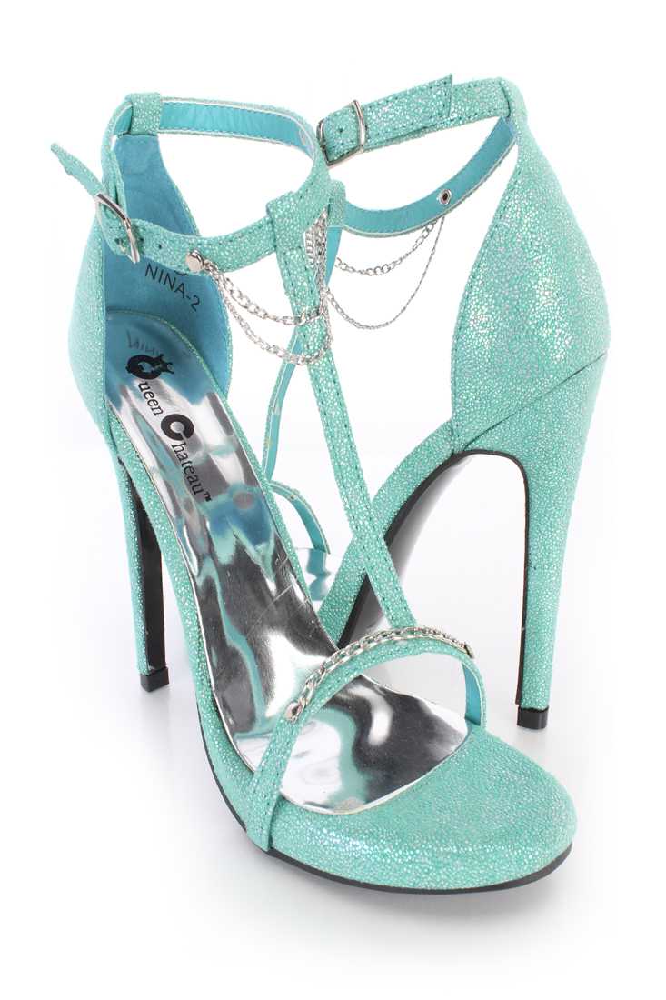 Mint Chain T Strap Single Sole Heels Shimmer Fabric