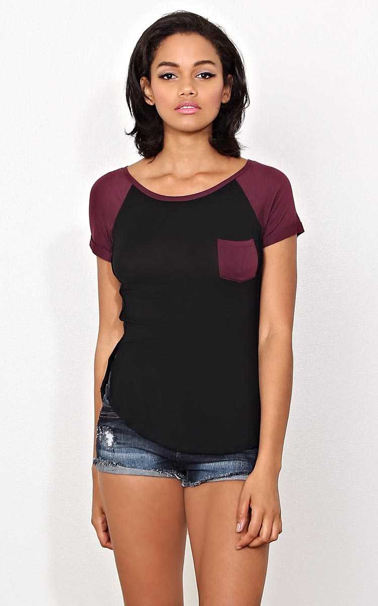 Sideline Sweetie Knit Raglan Tee - MED - Black Combo in Size Medium by Styles For Less