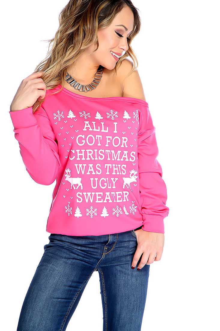 Fuchsia Long Sleeve Graphic Print Causal Sweater Top