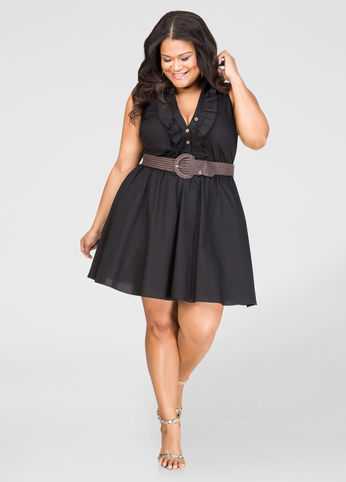 Belted Ruffle Front Skater Dress