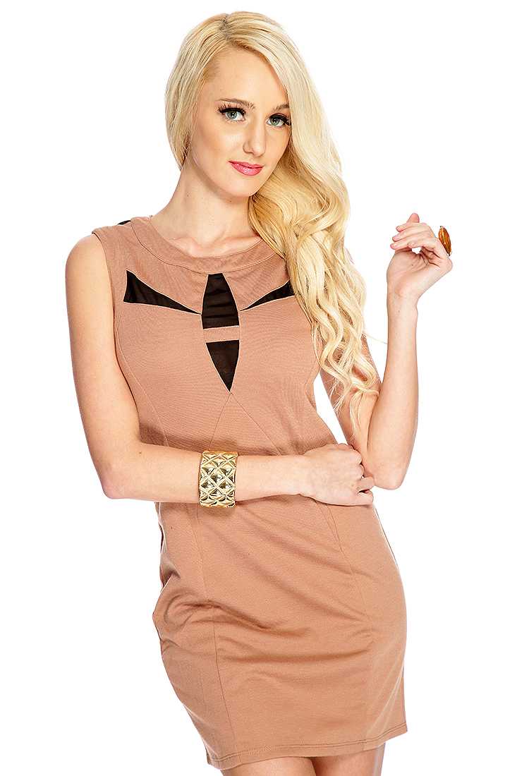 Mocha Mesh Cut Outs Sleeveless Sexy Party Dress
