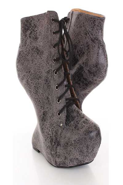 Smoke Crinkled Faux Suede Lace Up Anti Gravity Wedges